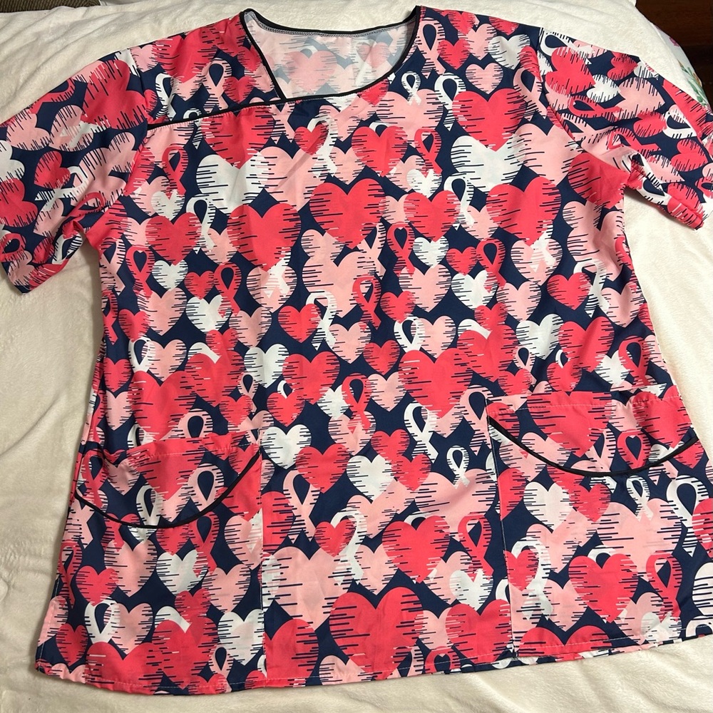 Brand New no tags 3XL Medical Scrub Top. Breast Cancer Awareness Navy with Pink
